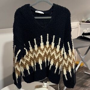 Zara Black and Brown V-Neck Sweater